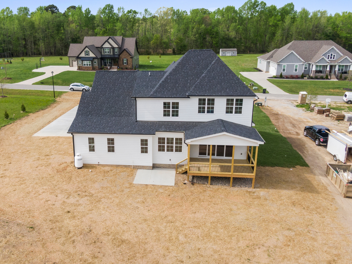 Aerial of the back rooflines and deck