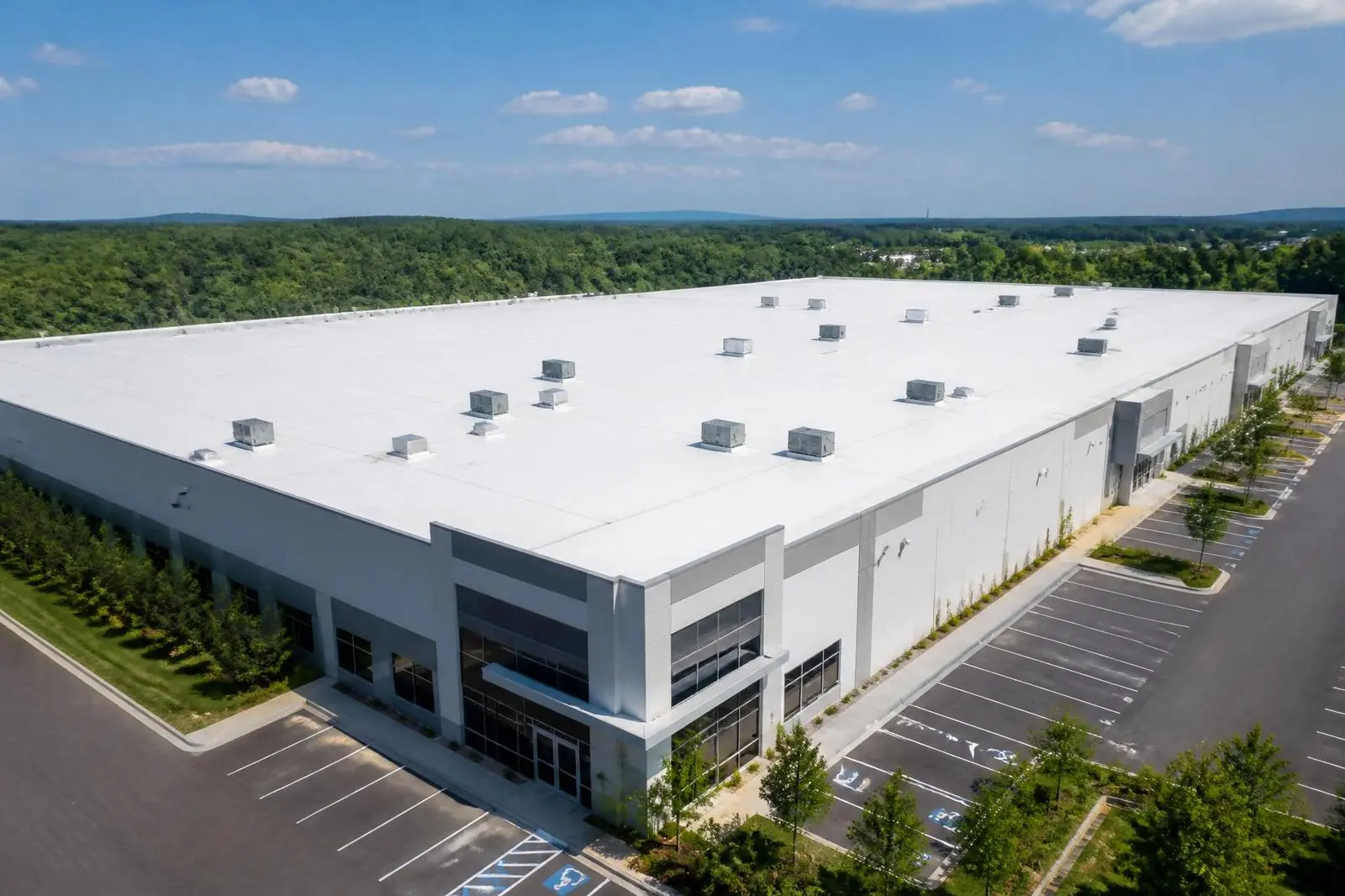 Finished white TPO commercial roof on a warehouse in Cherokee County, GA