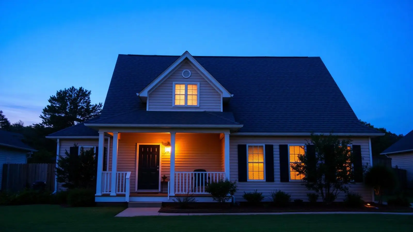 Georgia home with a finished roof at dusk after emergency repairs