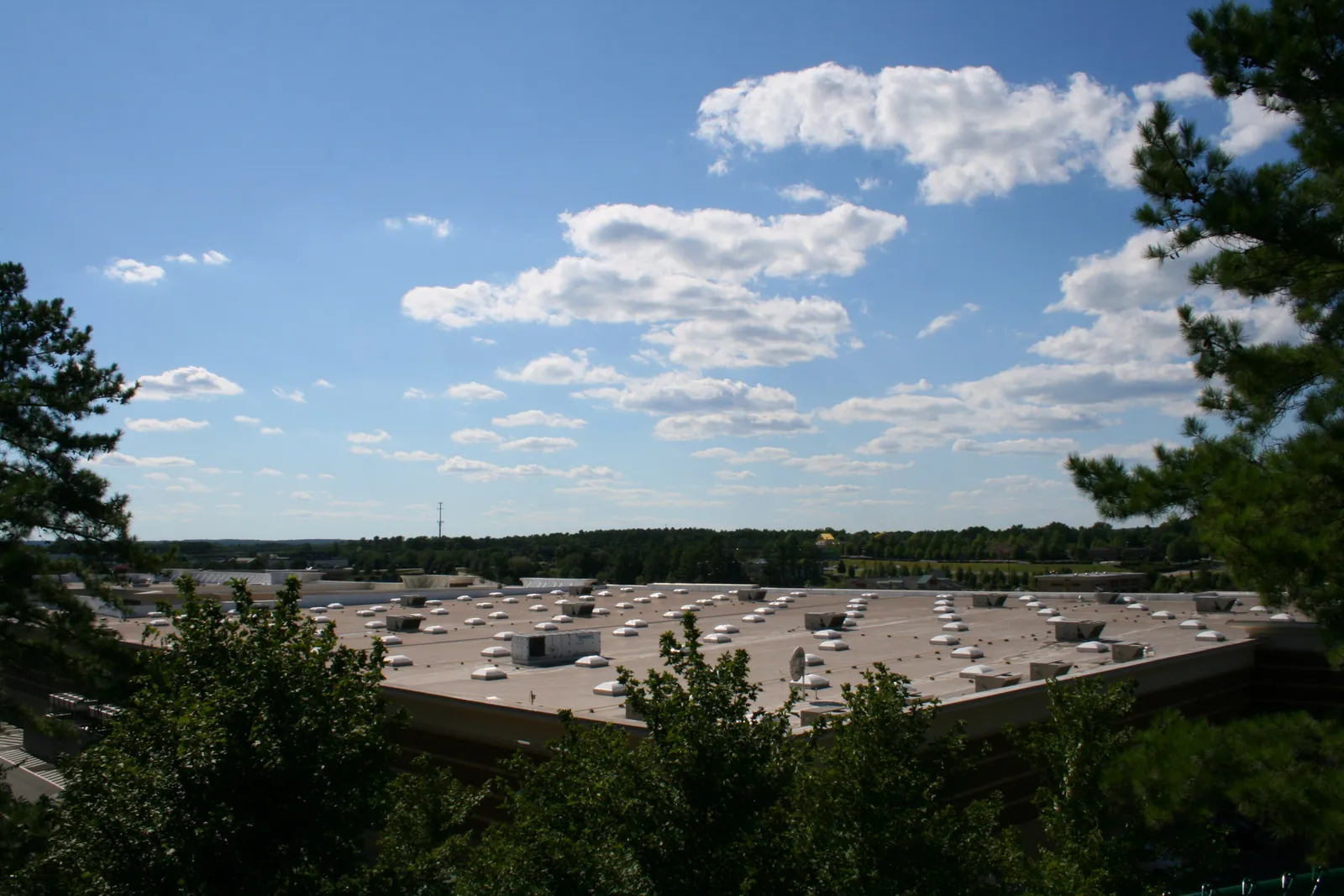 Large flat commercial roof with rooftop vents and HVAC units