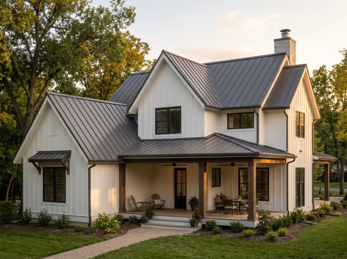 Close up of standing seam metal roof panels with hidden fasteners
