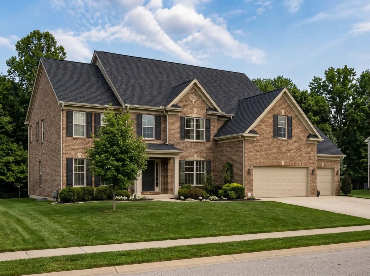 Brick two story Canton GA home with a new charcoal shingle roof