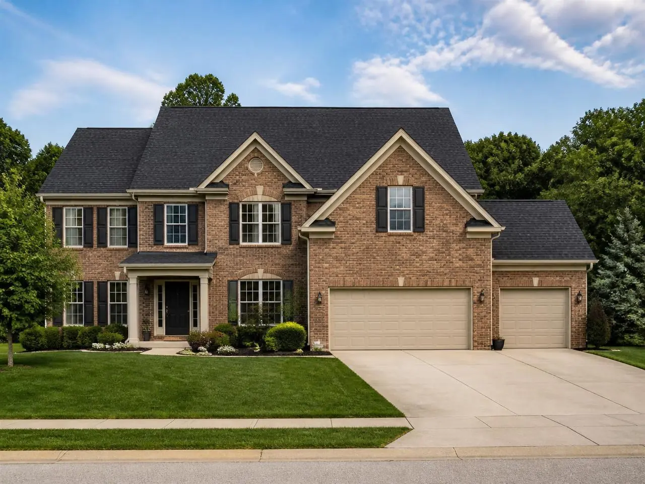 New architectural asphalt shingle roof on a brick two-story home in Canton, GA