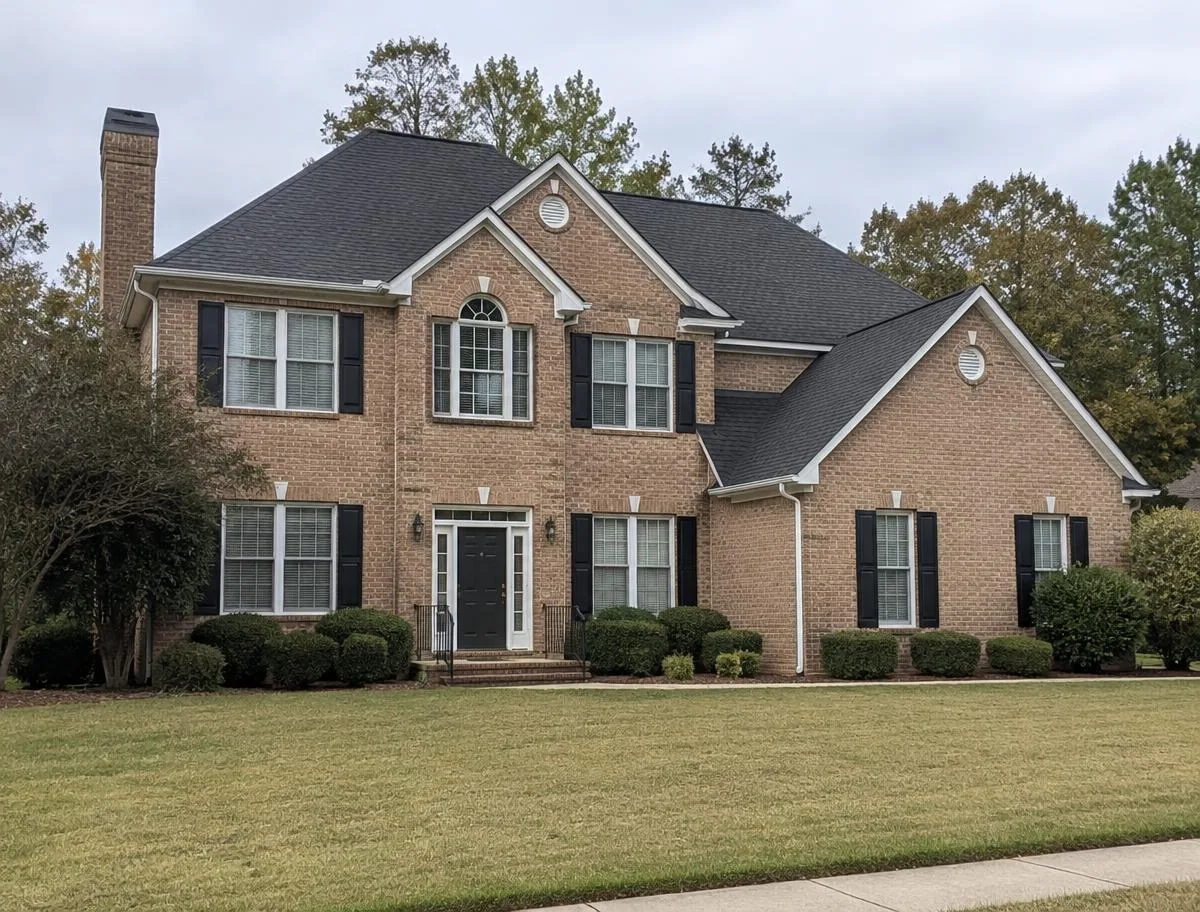 New architectural asphalt shingle roof on a brick two-story home in Canton, GA