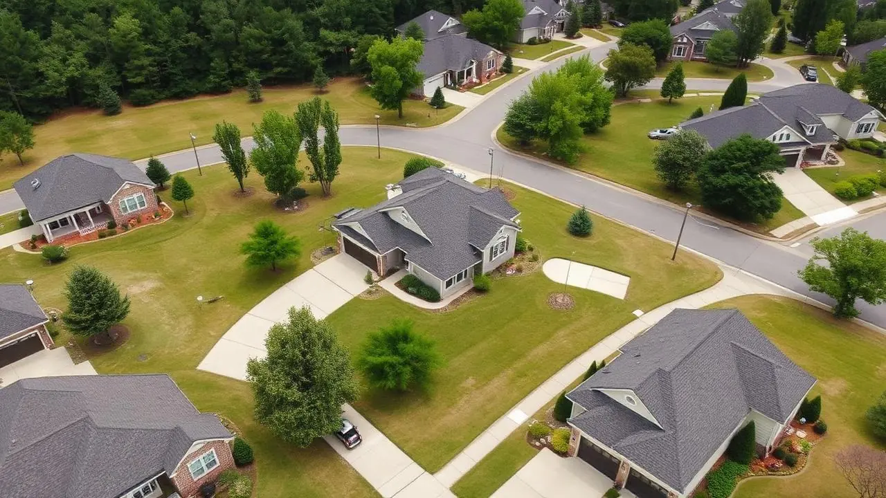Aerial view of a flawless finished roof on a Cherokee County home