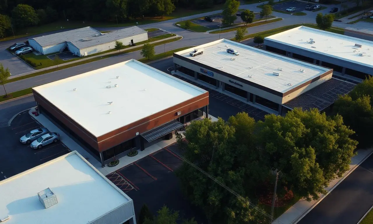 Aerial view of completed commercial roofs in a Cherokee County business park