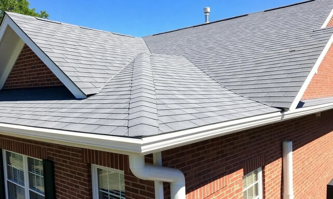 Completed storm restoration with new shingles and gutters on a Canton, GA home