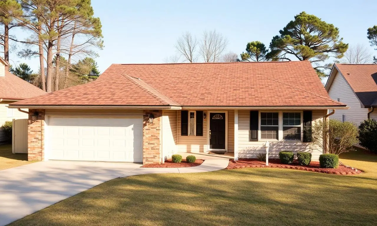 Two-story brick home with a completed shingle roof replacement in Canton, GA