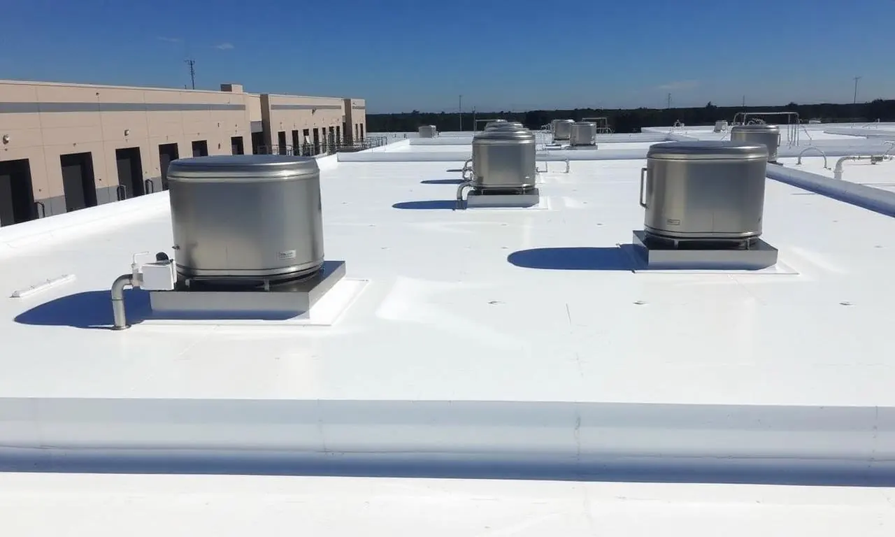 Finished white TPO flat roof with rooftop HVAC units on a Canton, GA commercial building