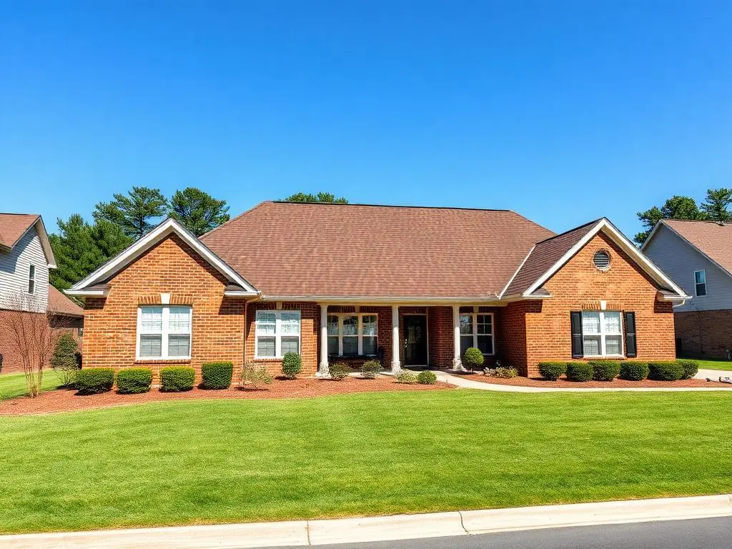 Brick ranch home in Cherokee County with a complete new brown shingle roof replacement